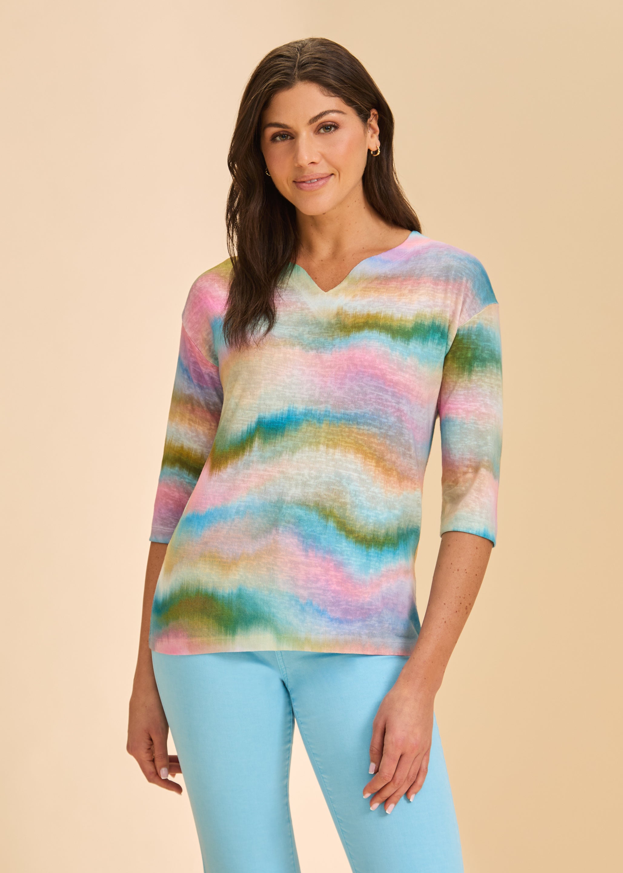 Front view of multicolor stripe 3/4 sleeve V-neck top with blue jeans by French Dressing Jeans (FDJ)
