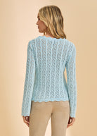 Back view of Pacific Blue sweater showcasing intricate lace detail by French Dressing Jeans (FDJ)