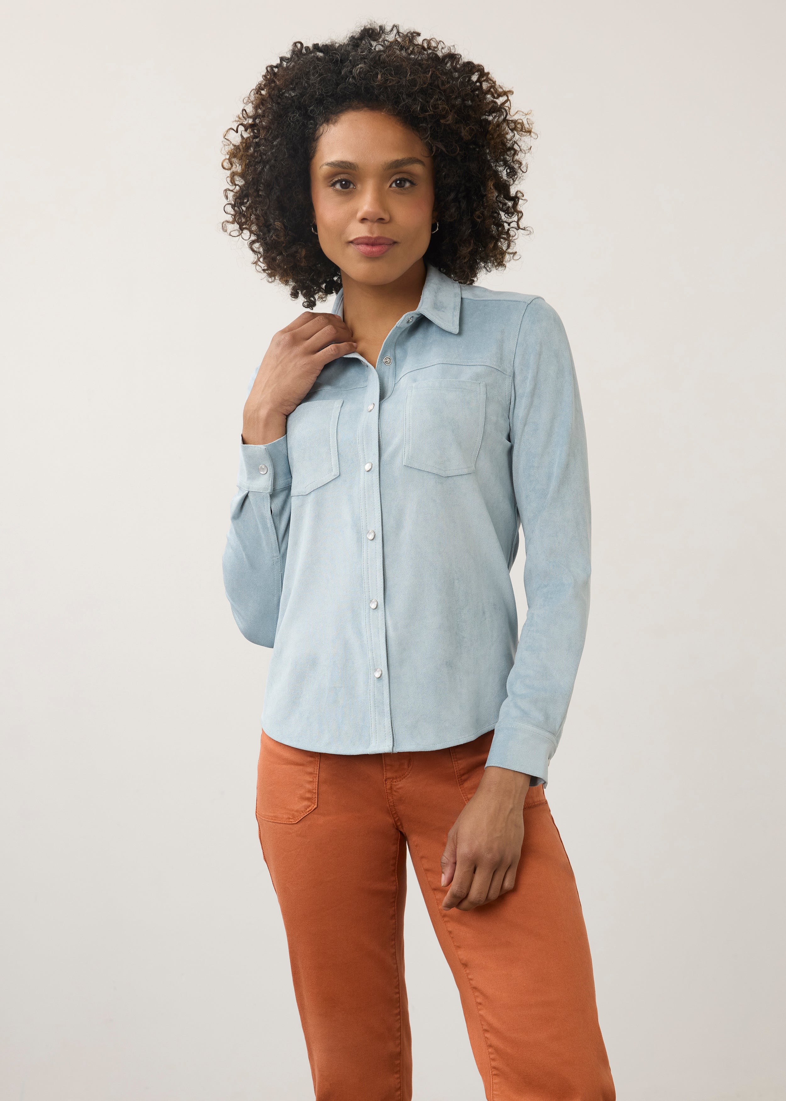 Front view of light blue suede shirt with button front and chest pockets by French Dressing Jeans (FDJ)