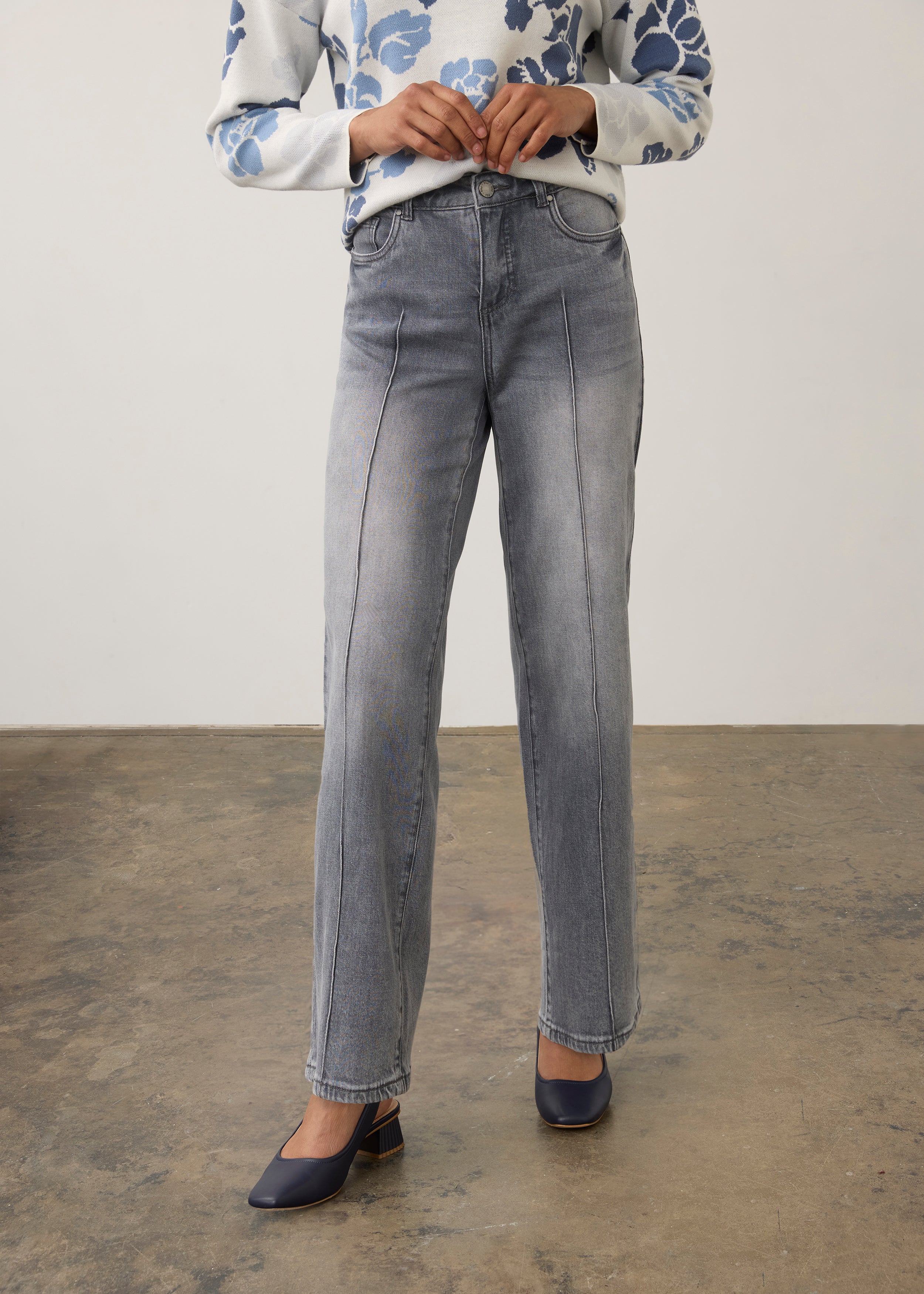 Front view of blue Olivia pintuck wide leg denim showcasing mid-rise and front pockets by French Dressing Jeans (FDJ) par French Dressing Jeans (FDJ)