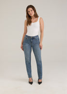 Full front view of Olivia straight leg denim in light wash with mid-rise and slim fit by French Dressing Jeans (FDJ)
