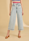Front view of ocean denim wide crop jeans with button front detail by French Dressing Jeans (FDJ)