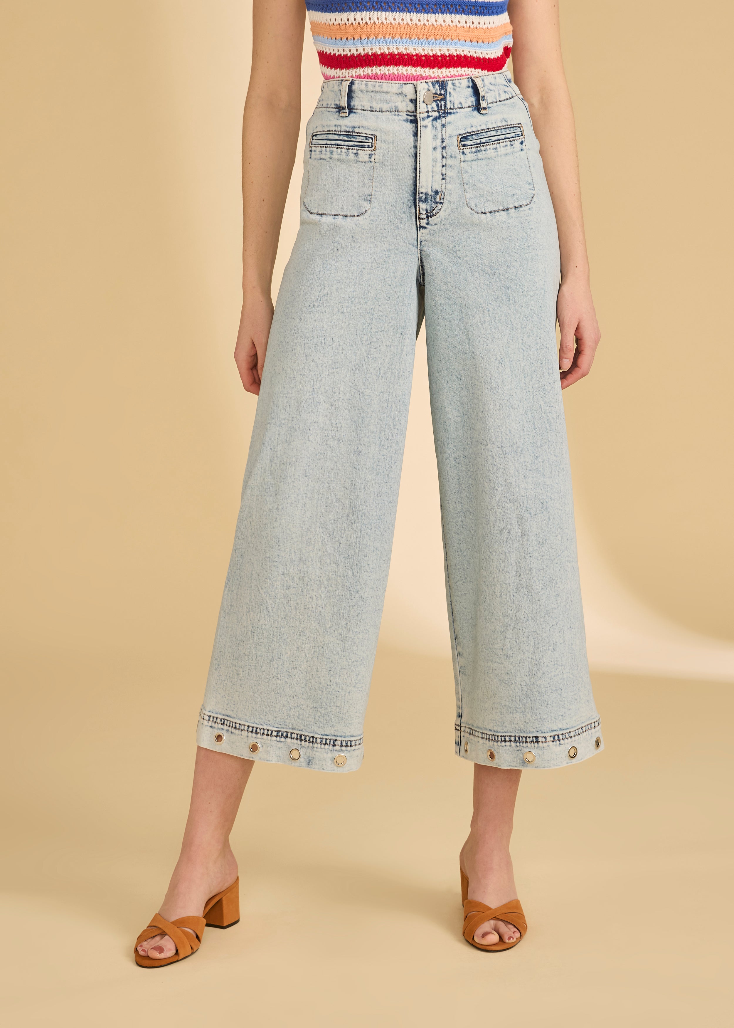 Front view of ocean denim wide crop jeans with button front detail by French Dressing Jeans (FDJ)