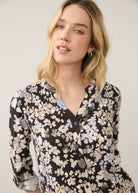 Close-up of floral printed shirt focusing on V-neck detail by French Dressing Jeans (FDJ)