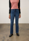 Front view of medium blue Olivia denim with mid-rise waist and front patch pockets by French Dressing Jeans (FDJ)