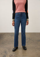 Front view of medium blue Olivia denim with mid-rise waist and front patch pockets by French Dressing Jeans (FDJ)
