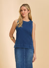 Front view of sleeveless blue denim top with round neckline by French Dressing Jeans (FDJ)