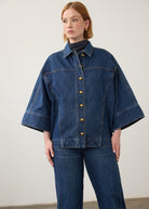 Front view of oversized medium blue utility jacket with wide sleeves by French Dressing Jeans (FDJ) par French Dressing Jeans (FDJ)