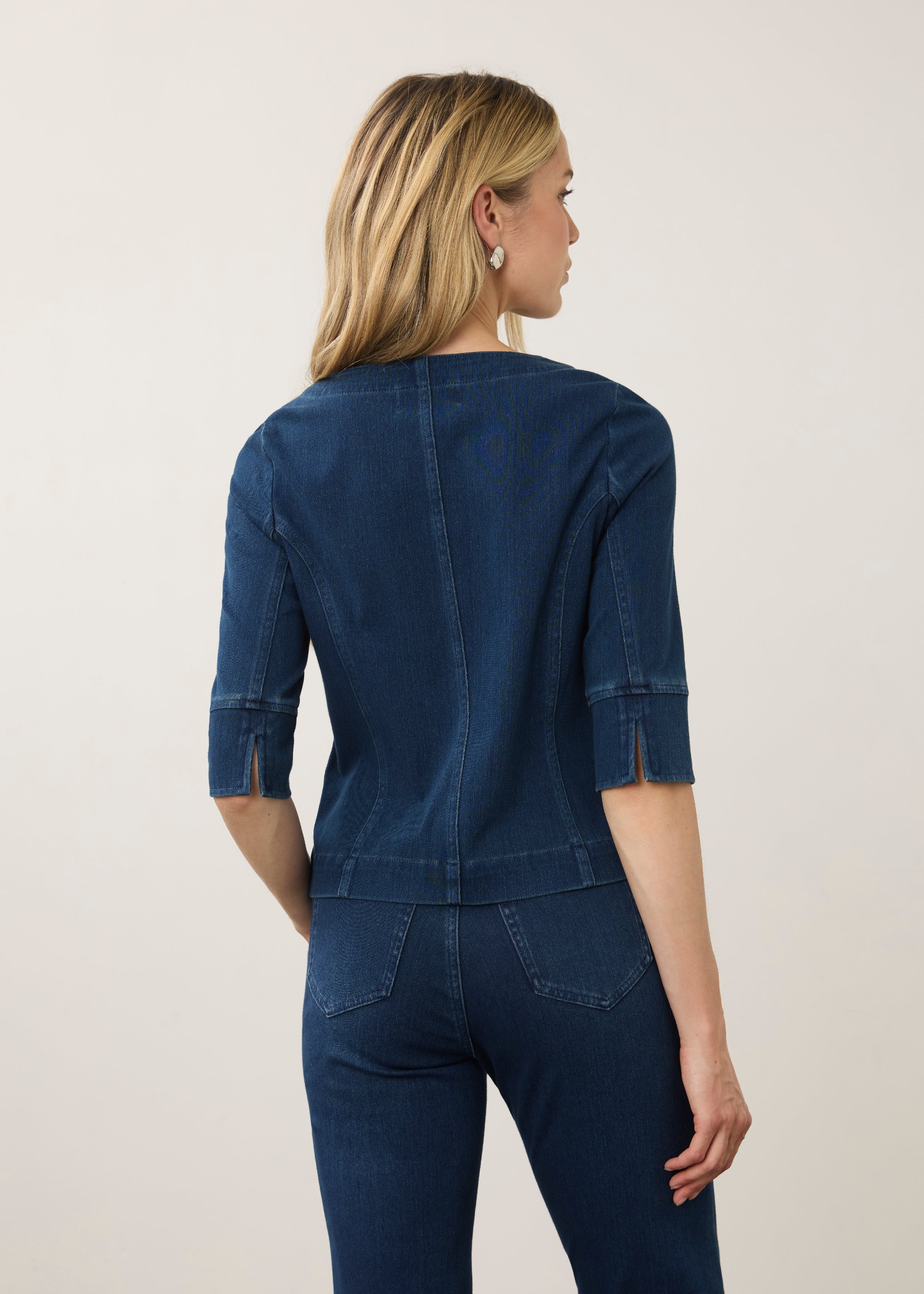 Back view of dark rinse button-up top highlighting fitted cut and seam detailing by French Dressing Jeans (FDJ)