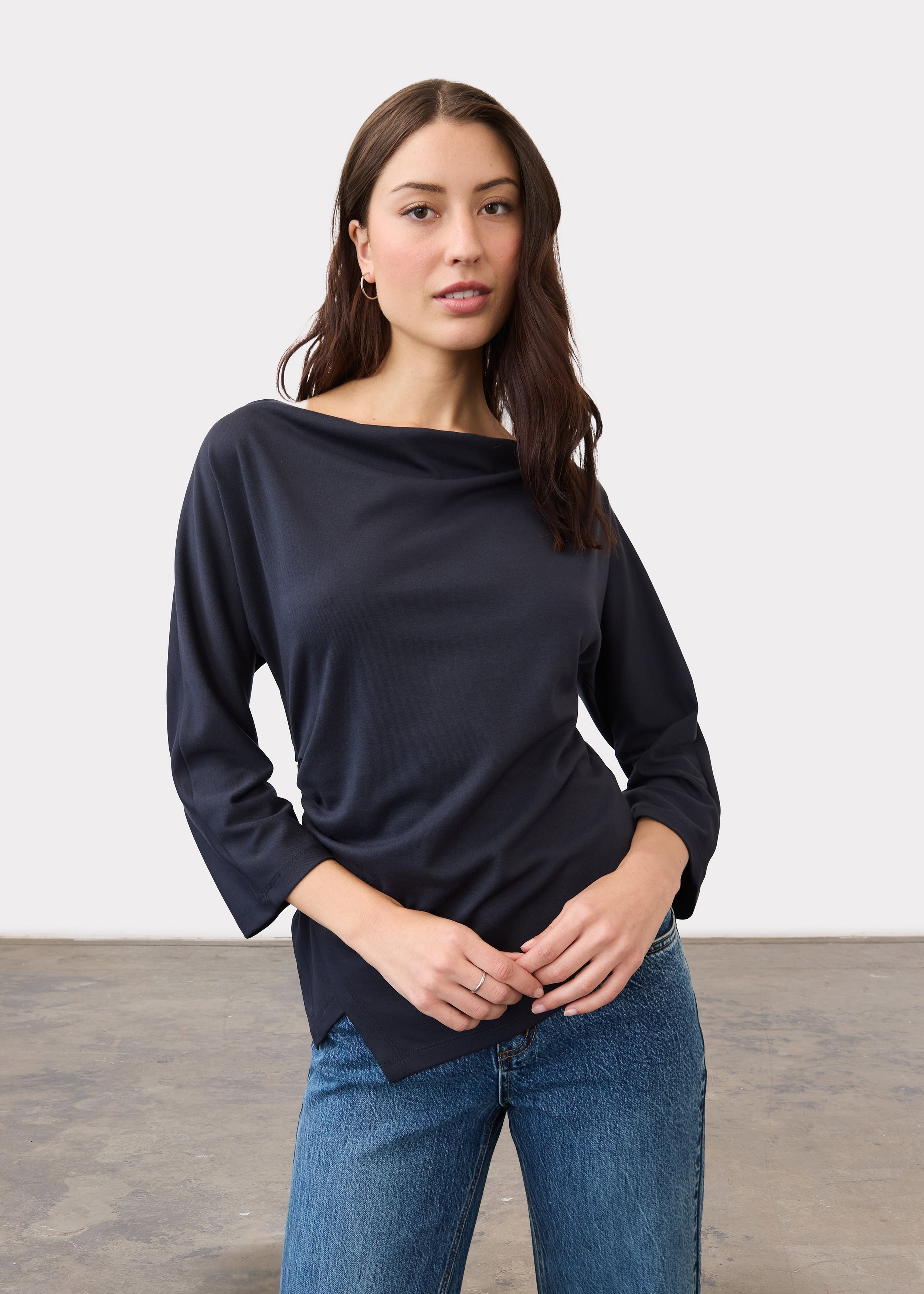Front view of navy top with draped neckline and quarter sleeves by French Dressing Jeans (FDJ)