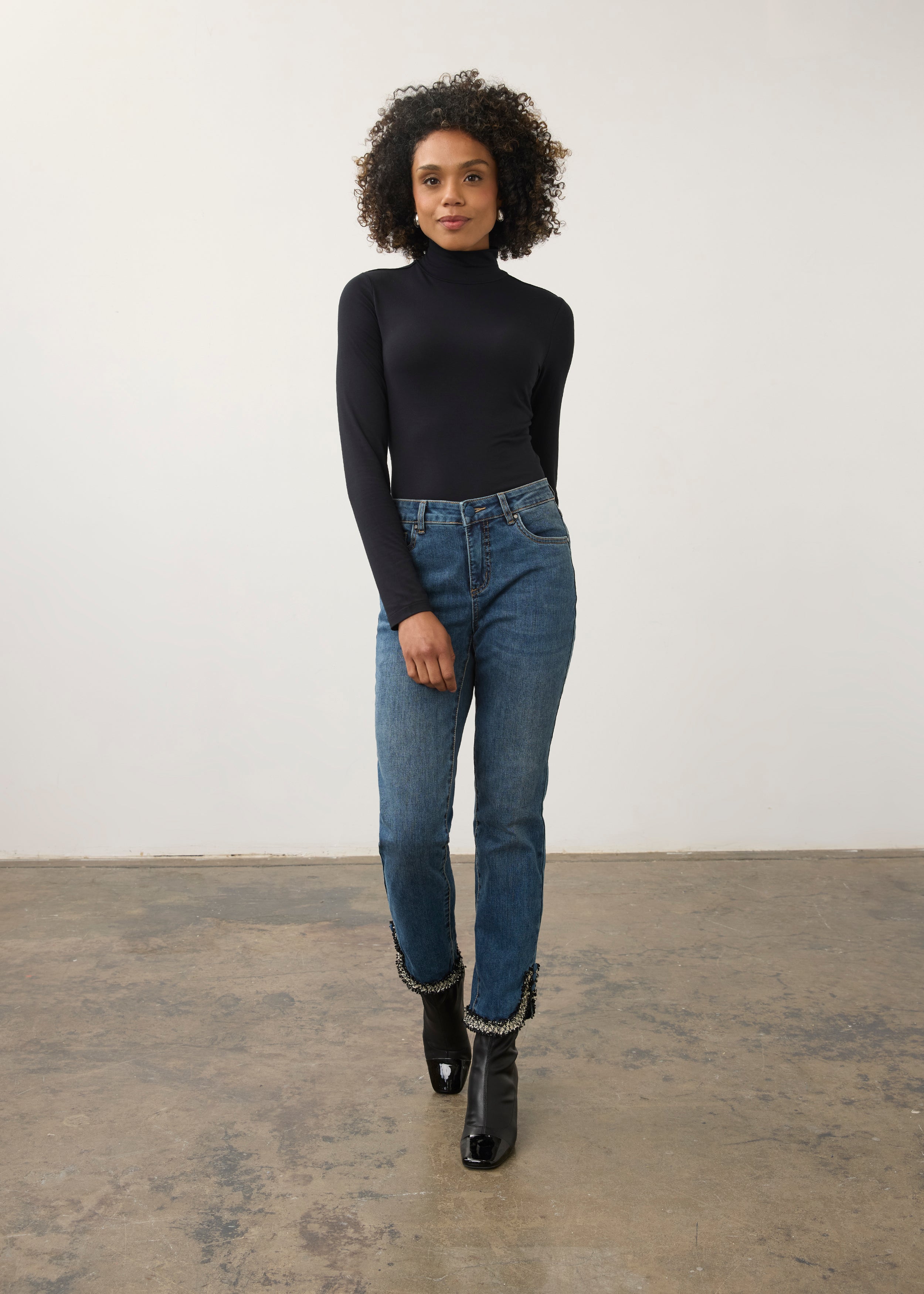 Full body view of medium blue Olivia denim with mid-rise fit and tapered legs by French Dressing Jeans (FDJ)