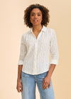 Front view of white textured shirt with button details by French Dressing Jeans (FDJ)