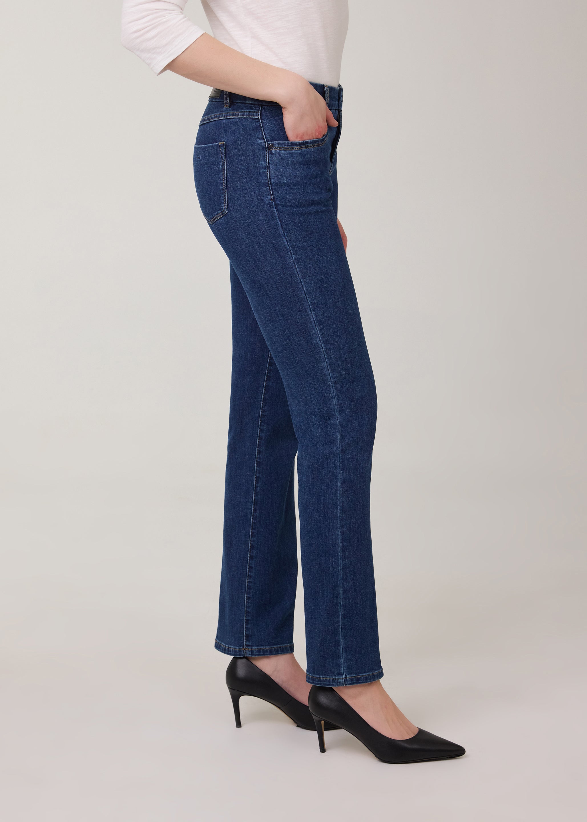 Side view of classic straight leg jeans in Delight color by French Dressing Jeans (FDJ)