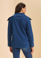 Back view of blue denim jacket showing seam detail and wide collar by French Dressing Jeans (FDJ)
