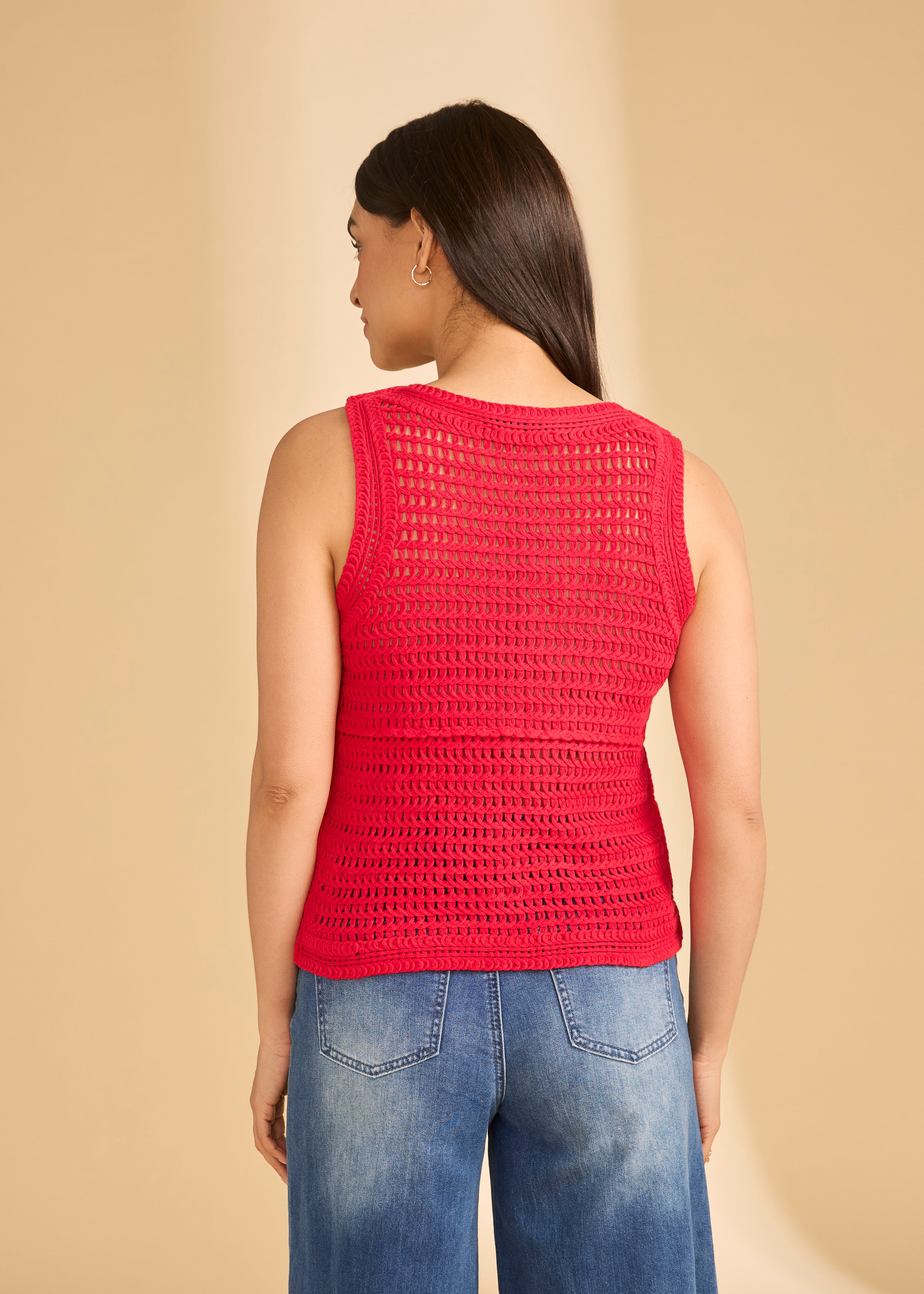 Back view of red crochet tank showing open knit texture by French Dressing Jeans (FDJ)