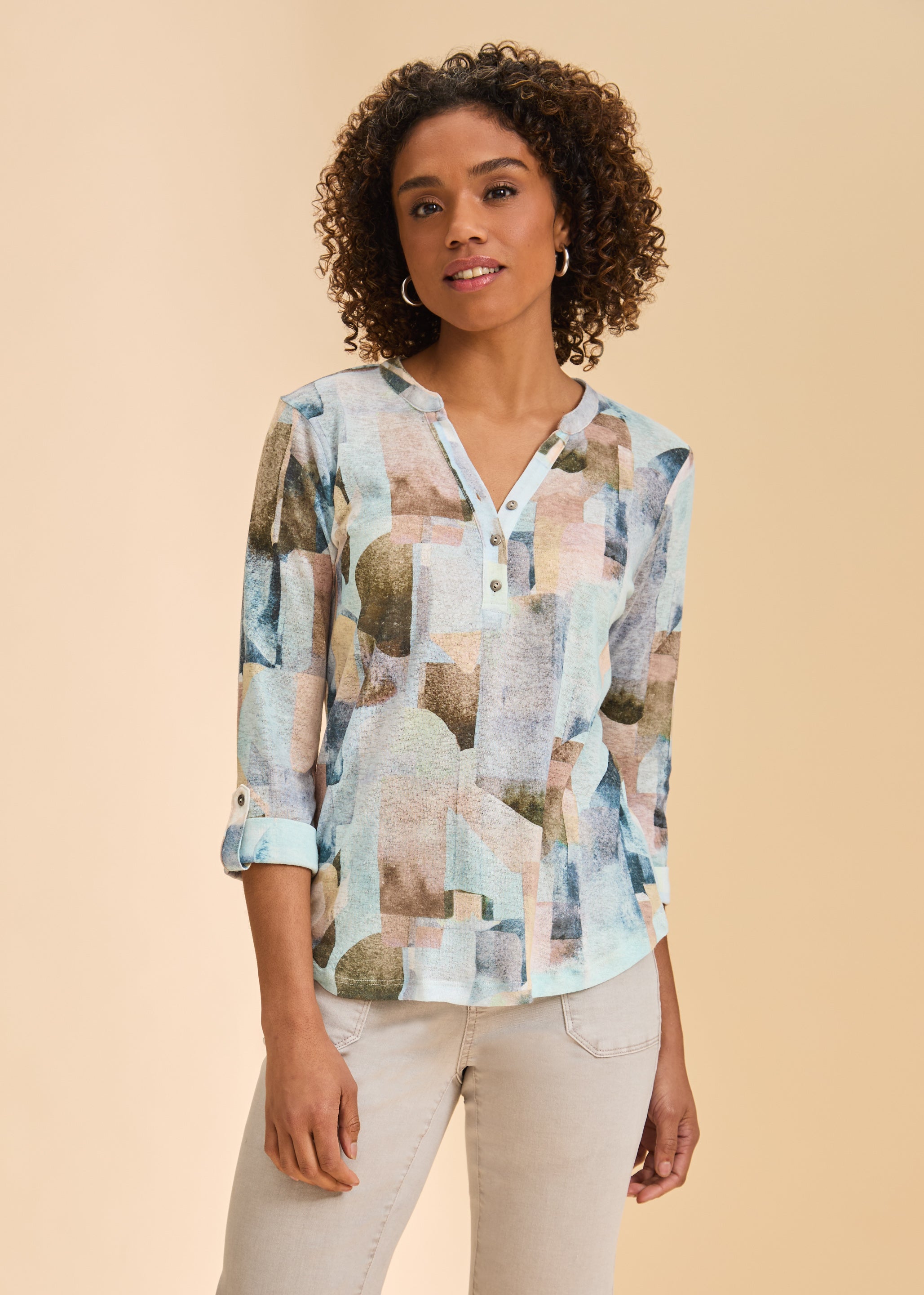 Front view of 3/4 sleeve Henley top in coppertone with button-front V-neck by French Dressing Jeans (FDJ)