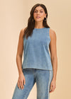 Front view of light blue sleeveless denim top with round neckline by French Dressing Jeans (FDJ)