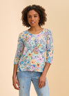 Front view of pastel floral print sweater with 3/4 sleeves by French Dressing Jeans (FDJ)