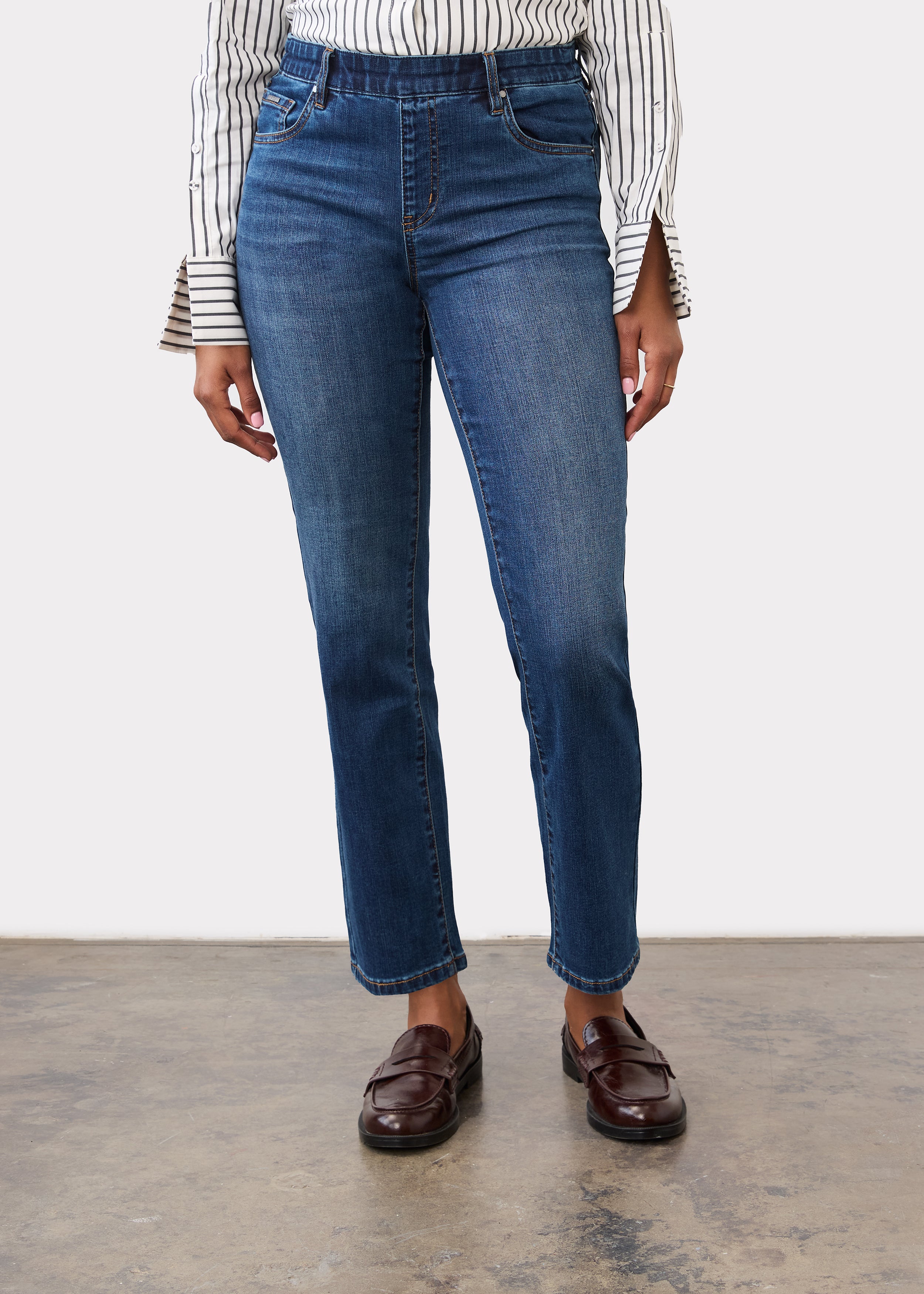 Front view of Pull-On Straight Leg Denim in Hout with classic denim wash and mid-rise fit by French Dressing Jeans (FDJ)