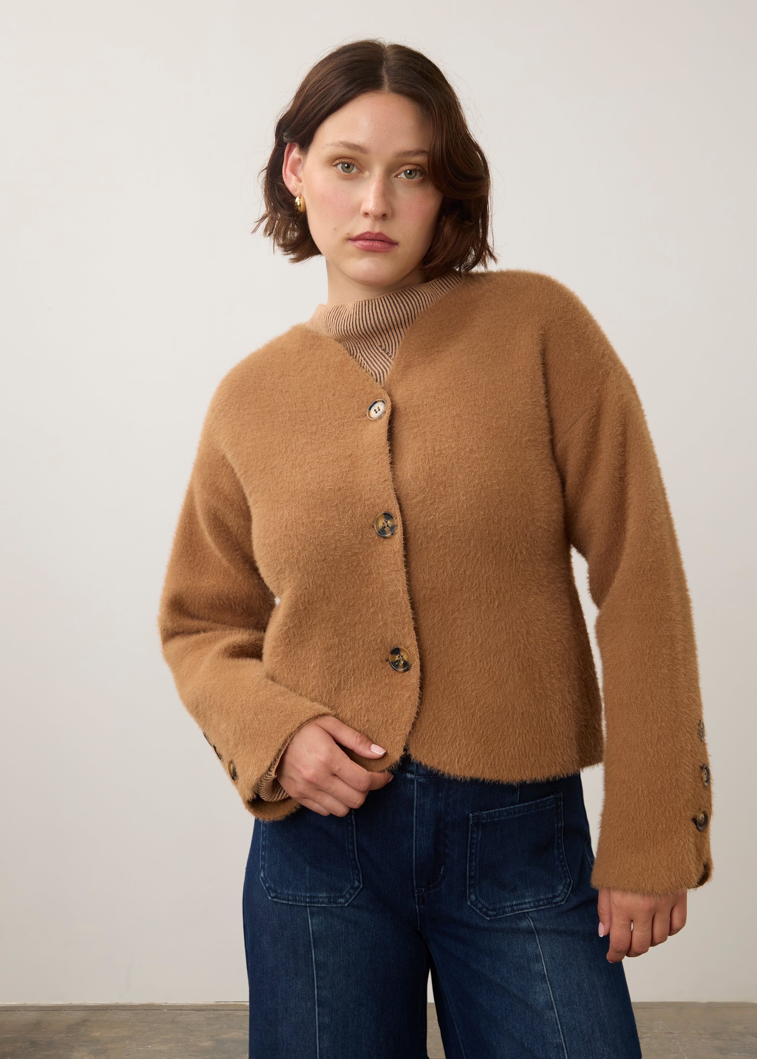 Front view of camel knit cardigan with button front and ribbed collar by French Dressing Jeans (FDJ)