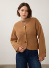 Front view of camel knit cardigan with button front and ribbed collar by French Dressing Jeans (FDJ)