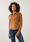 Front view of brown suede shirt with button front and chest pockets by French Dressing Jeans (FDJ)