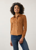 Front view of brown suede shirt with button front and chest pockets by French Dressing Jeans (FDJ)