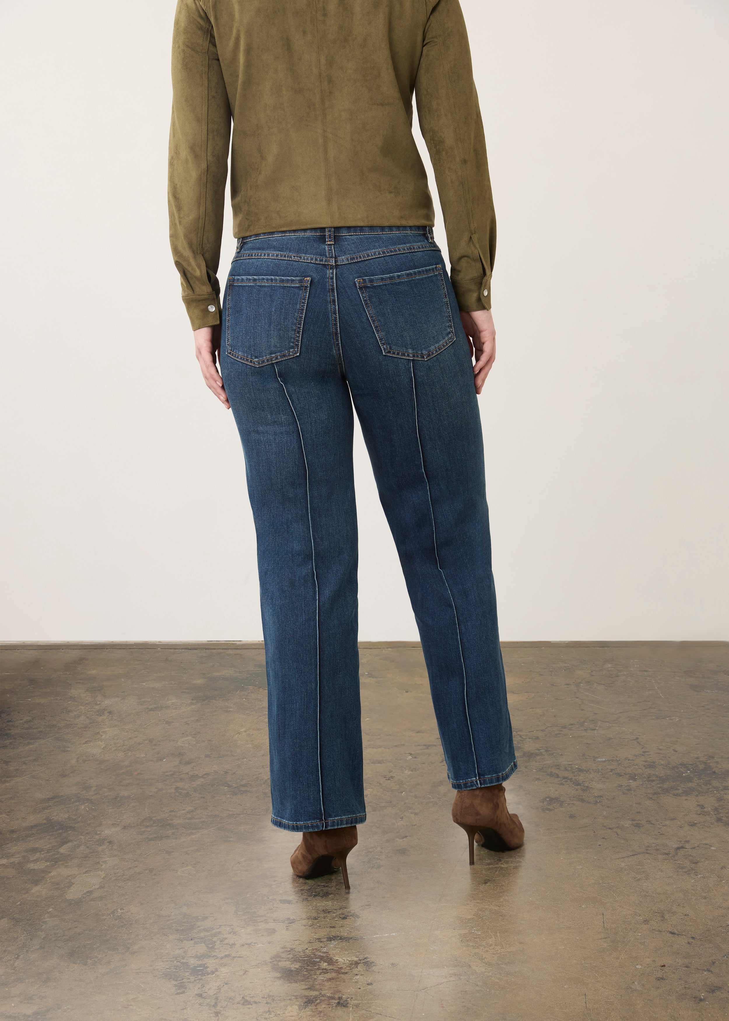 Back view of medium blue wide-leg denim with patch pockets and seam detail by French Dressing Jeans (FDJ)