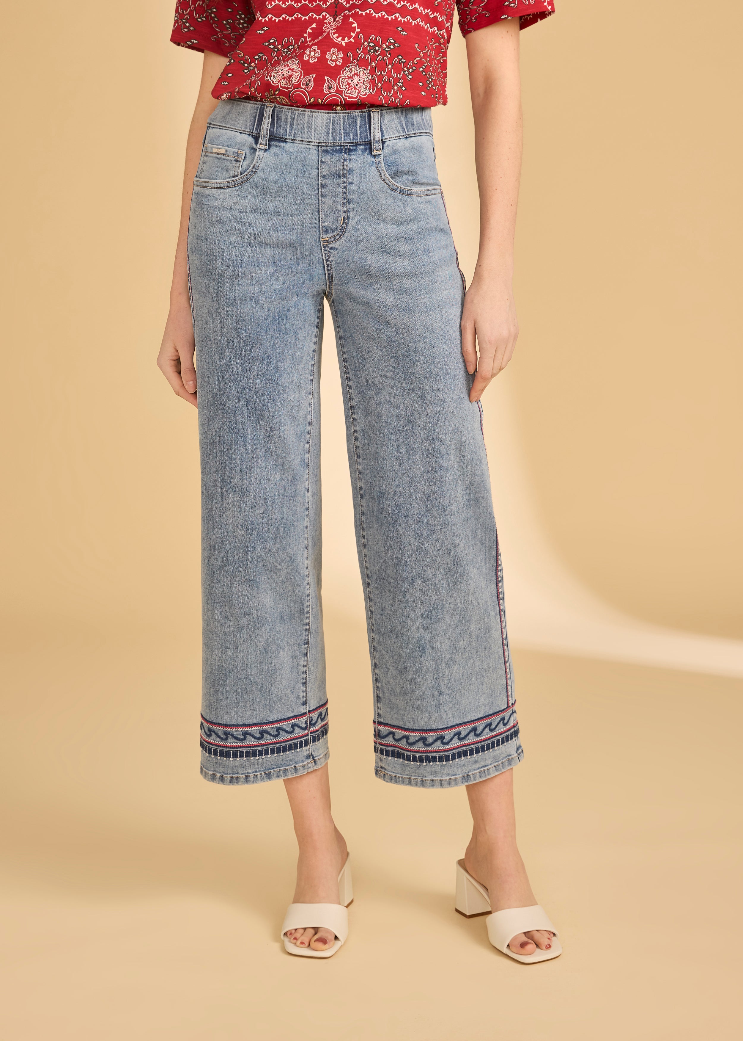 Front view of light medium pull-on wide ankle denim with embroidered hem by French Dressing Jeans (FDJ)