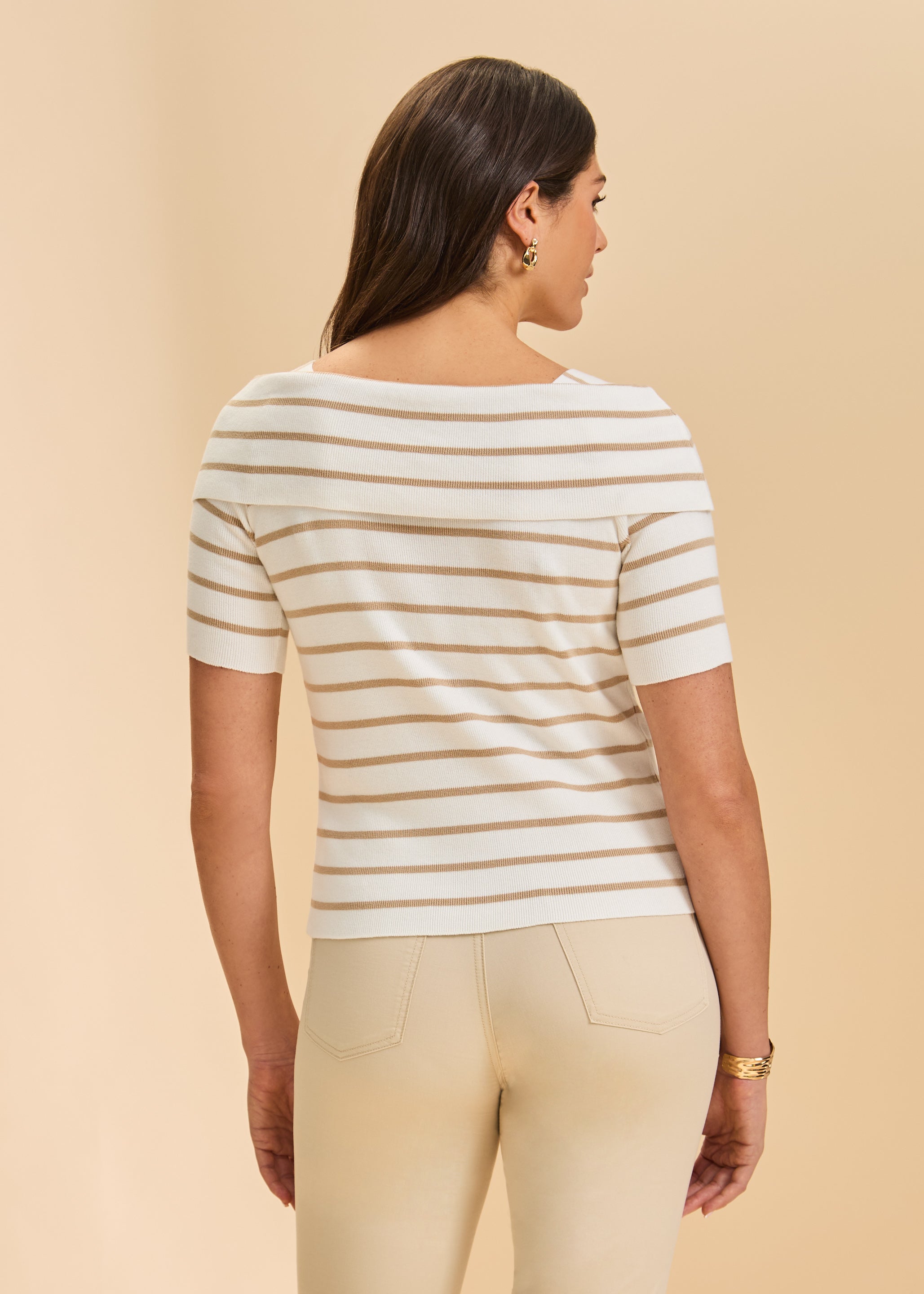 Back view of beige and white boatneck stripe sweater showing seamless design by French Dressing Jeans (FDJ)