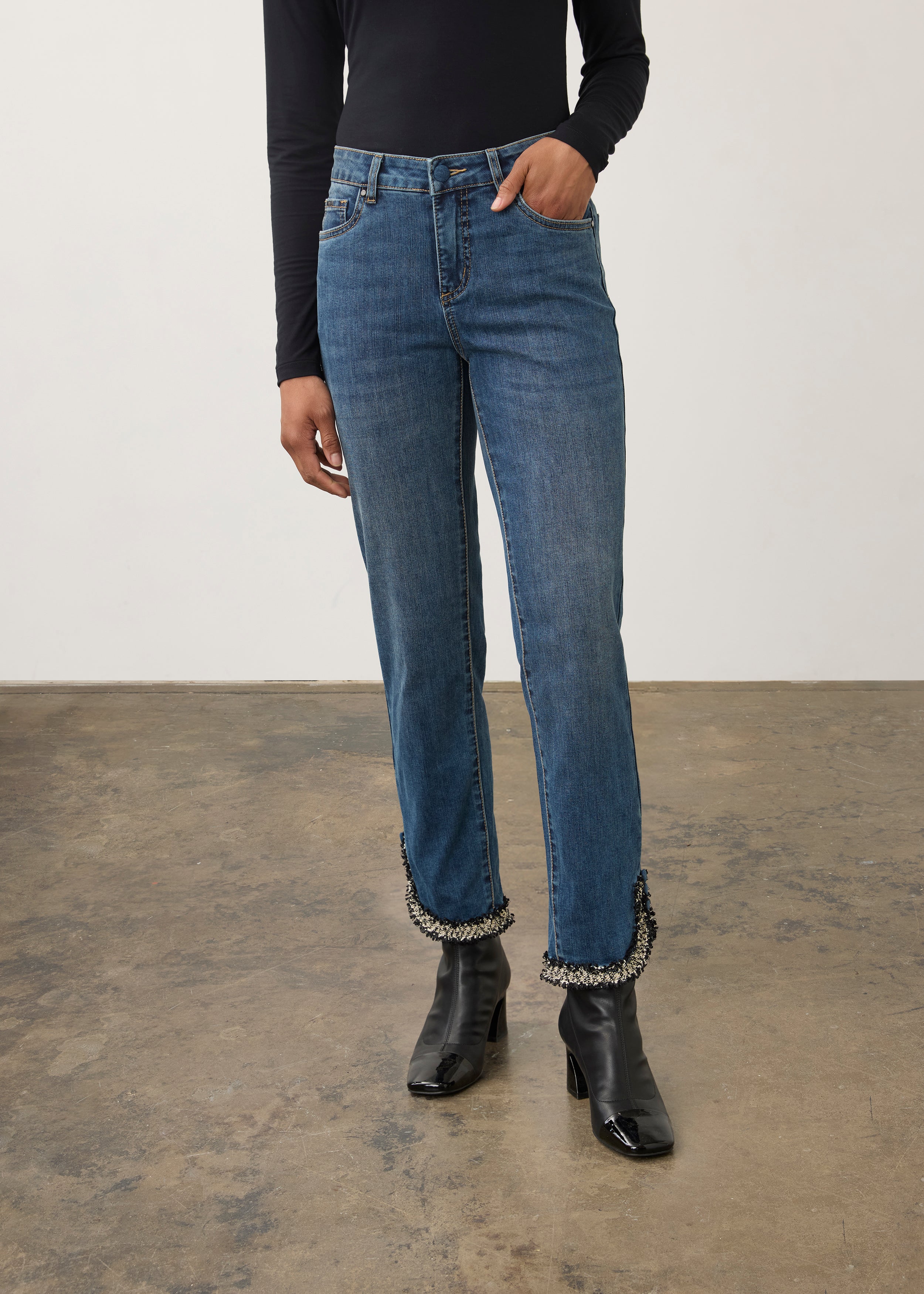 Front view of medium blue Olivia pencil ankle denim featuring mid-rise and front patch pockets by French Dressing Jeans (FDJ)
