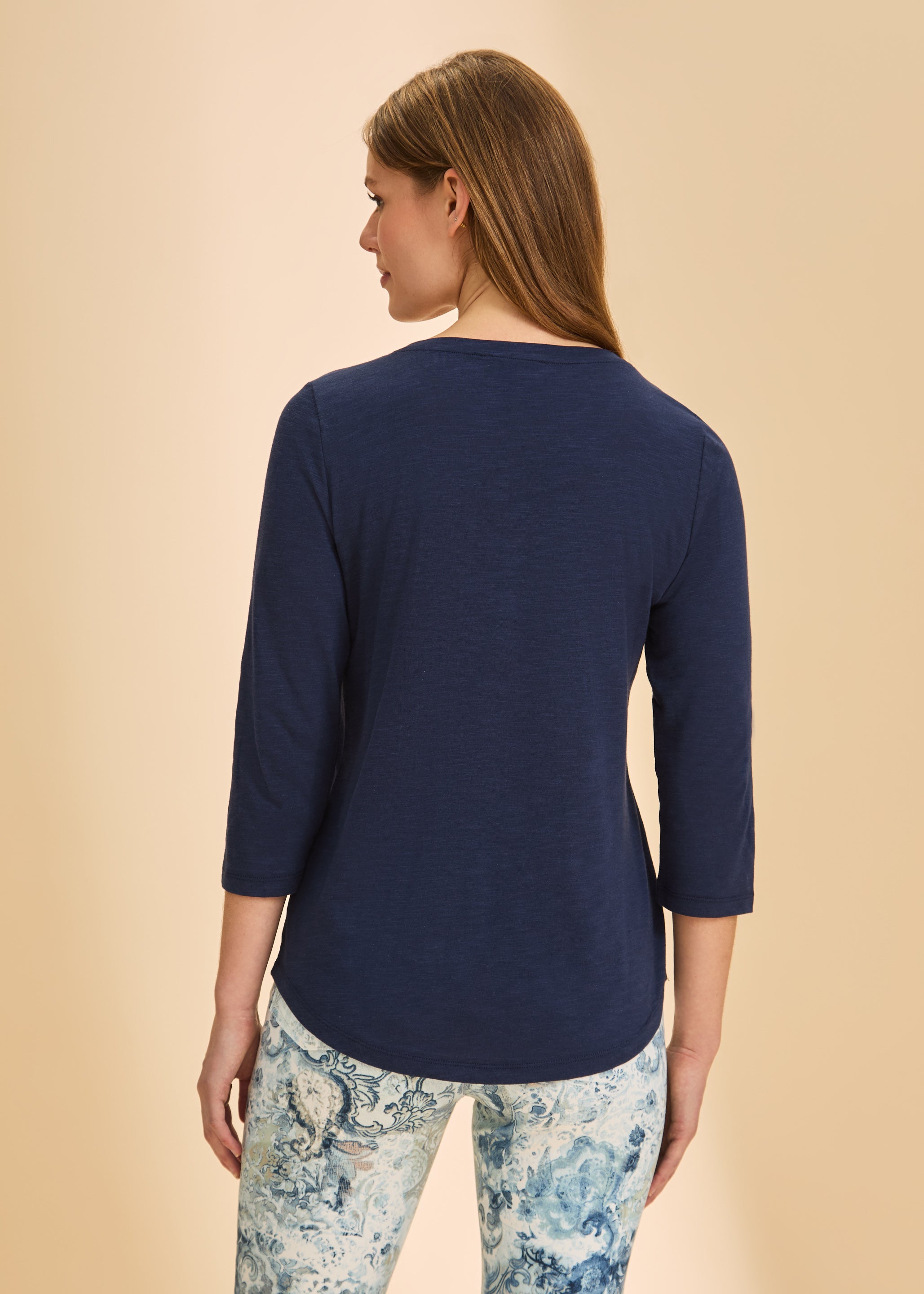 Back view of navy V-neck 3/4 sleeve top highlighting elegant simplicity by French Dressing Jeans (FDJ)