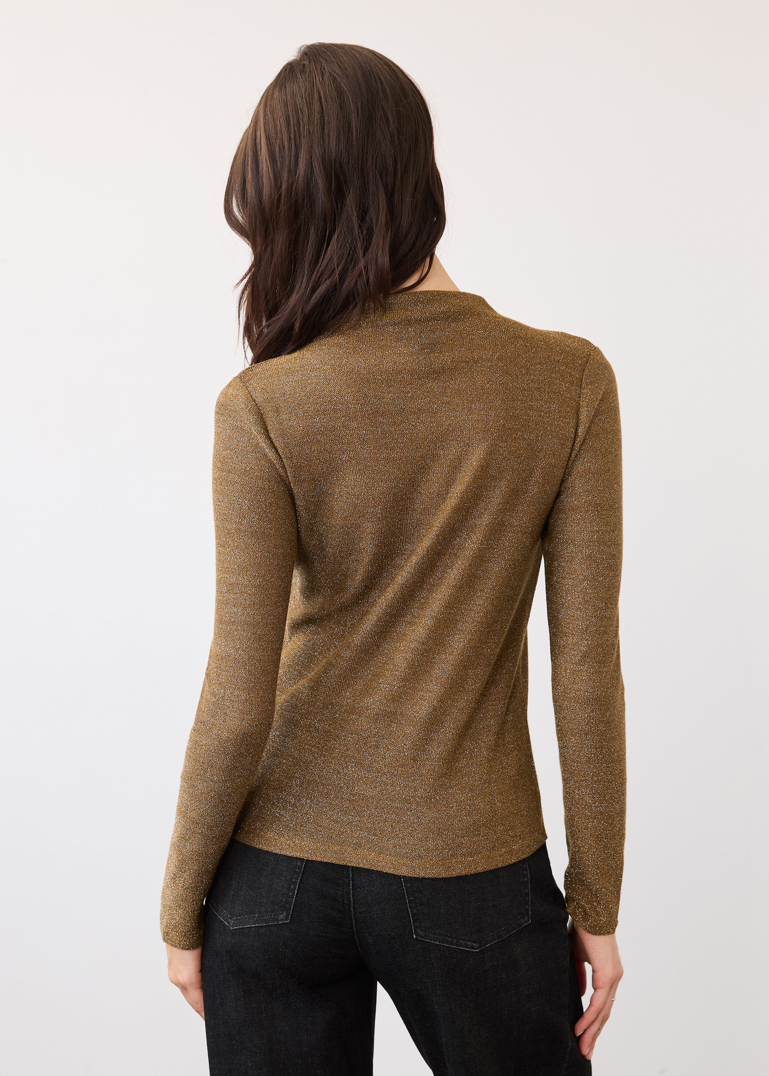 Back view of gold shimmer top showing seamless design and long sleeves by French Dressing Jeans (FDJ)