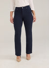 Front view of navy pants with silver button and sleek design by French Dressing Jeans (FDJ)