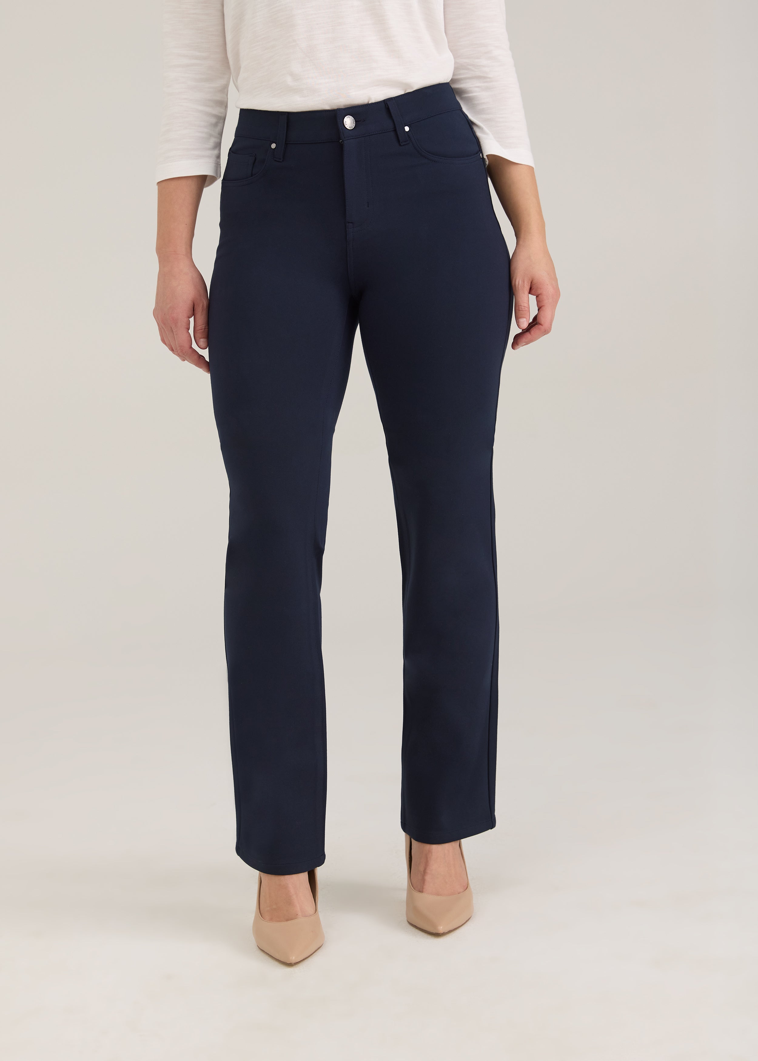 Front view of navy pants with silver button and sleek design by French Dressing Jeans (FDJ)