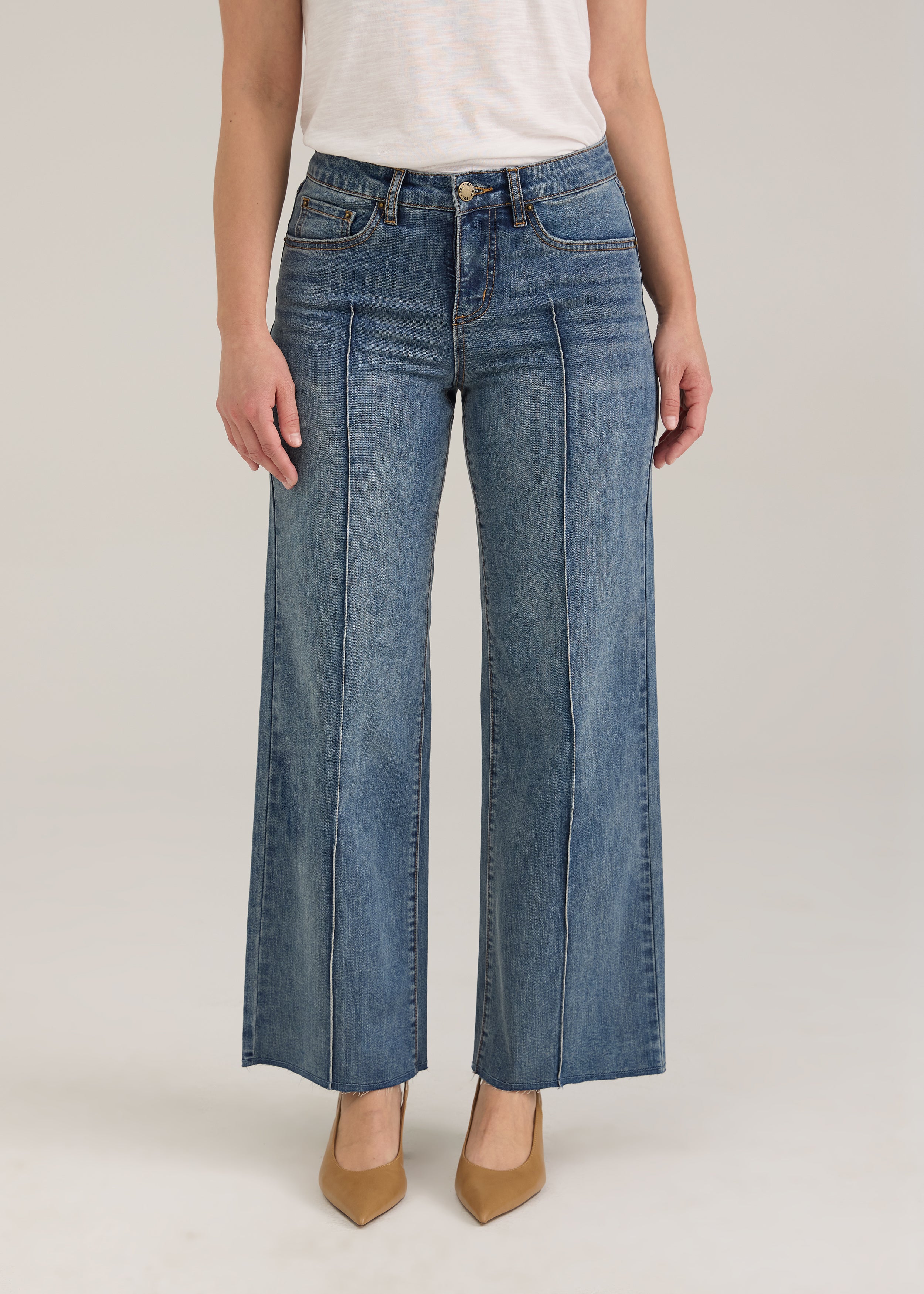 Front view of Olivia wide ankle denim in light wash showing mid-rise waist and wide legs by French Dressing Jeans (FDJ)