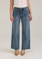 Front view of Olivia wide ankle denim in light wash showing mid-rise waist and wide legs by French Dressing Jeans (FDJ)