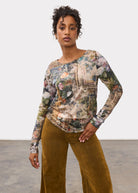 Front view of floral print top with long sleeves and earthy tones by French Dressing Jeans (FDJ)