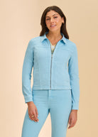 Pacific Blue jacket front view with shirt collar and welt pockets by French Dressing Jeans (FDJ)