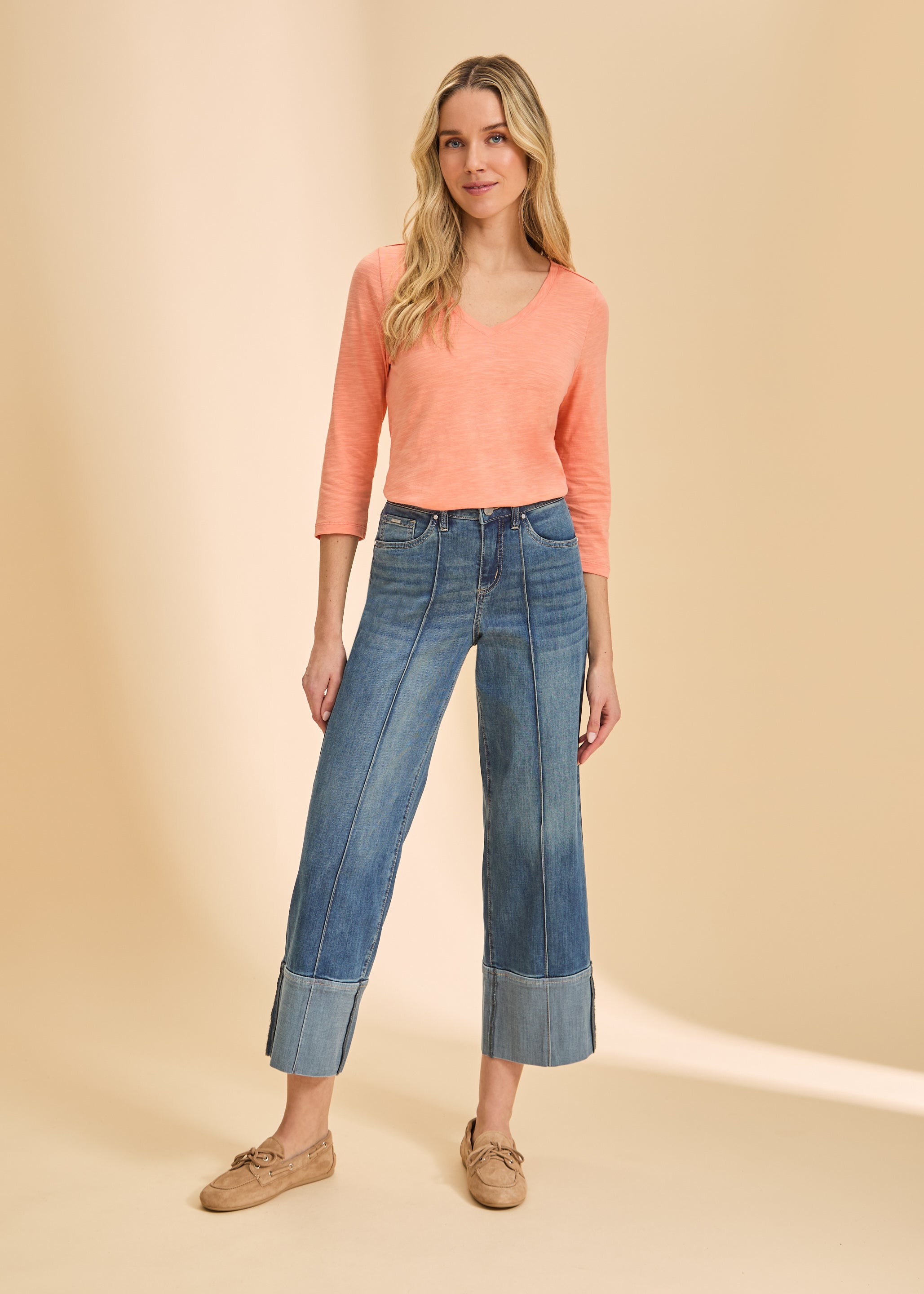 Full outfit with coral V-neck 3/4 sleeve top and wide-leg denim for a chic style by French Dressing Jeans (FDJ)