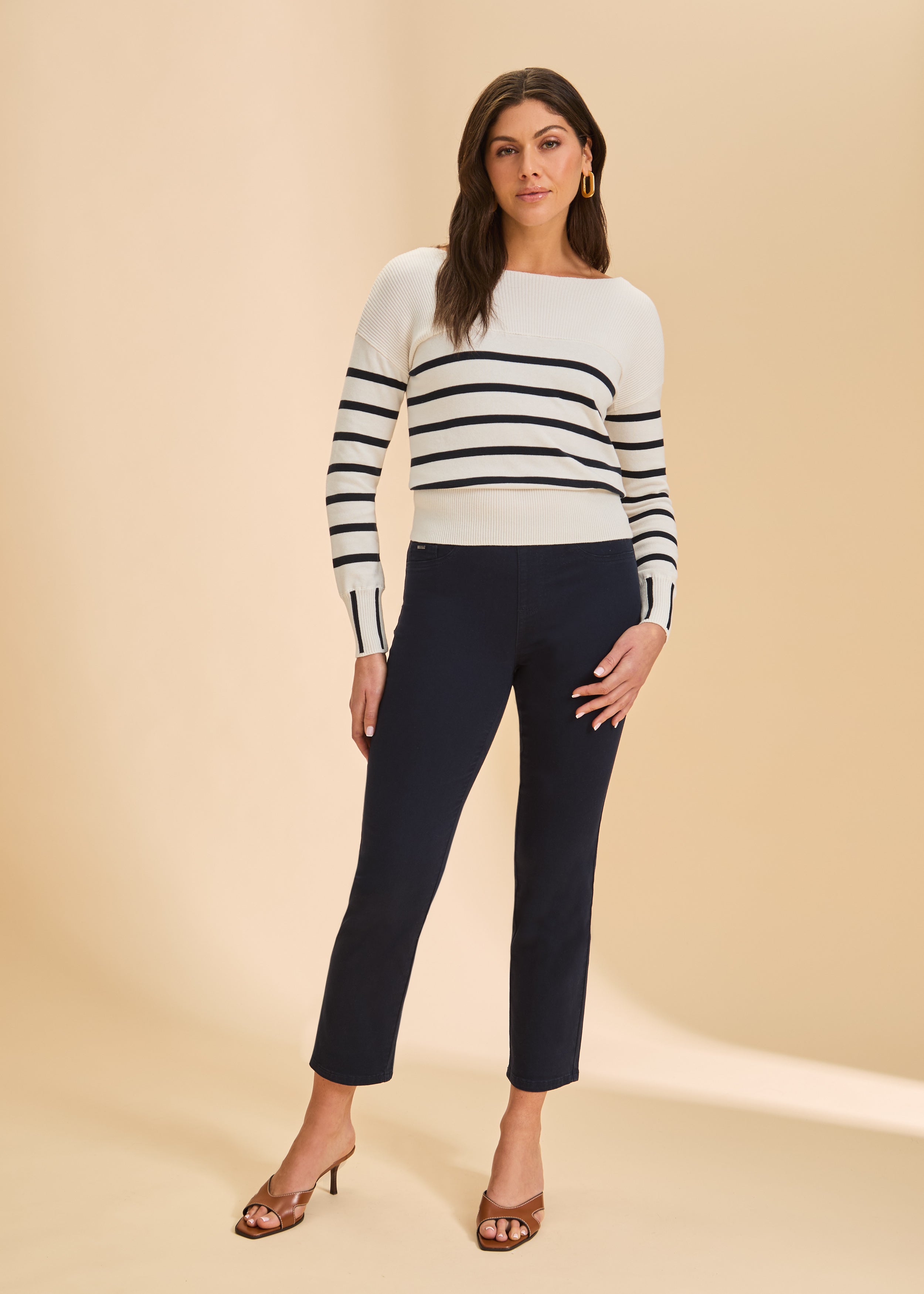 Front view of navy cropped jeans, styled with striped sweater by French Dressing Jeans (FDJ)