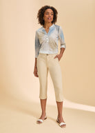 Front view of cream crop pants with high-rise waist and tailored fit by French Dressing Jeans (FDJ)