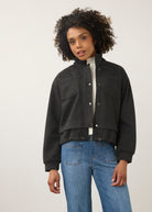 Front view of charcoal knit bomber jacket with button closure and patch pockets by French Dressing Jeans (FDJ)