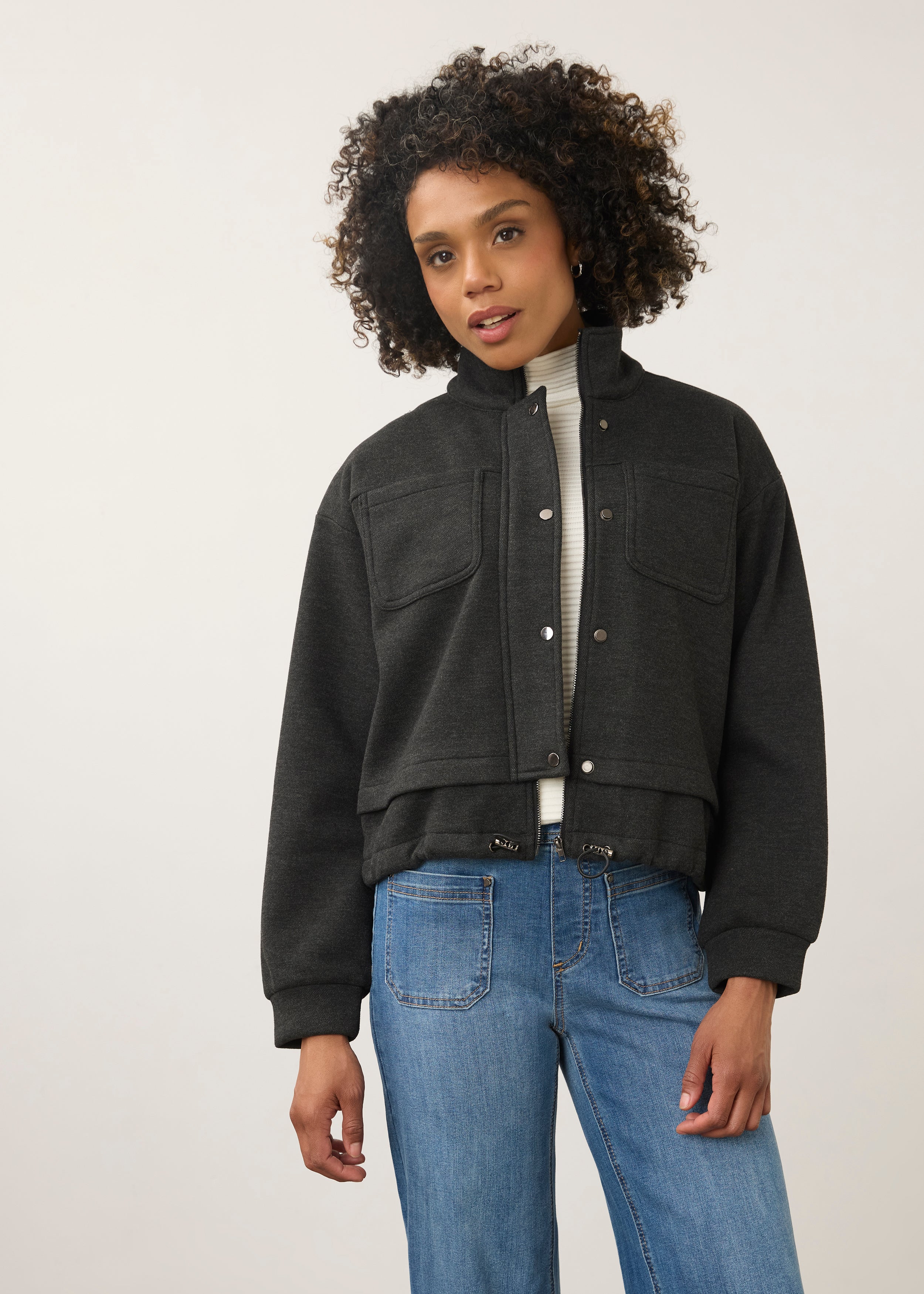 Front view of charcoal knit bomber jacket with button closure and patch pockets by French Dressing Jeans (FDJ)