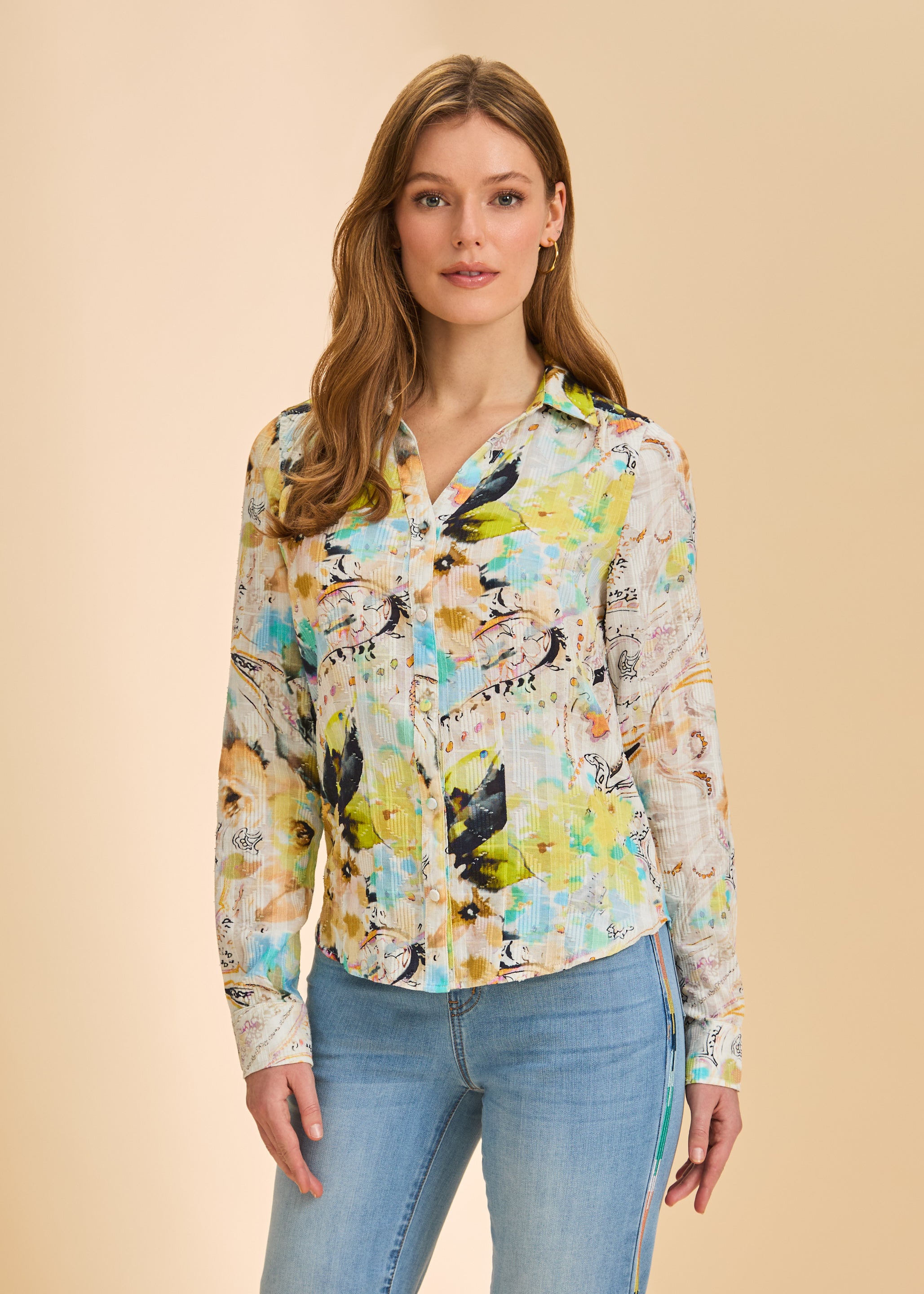 Front view of abstract floral shirt with button front by French Dressing Jeans (FDJ)