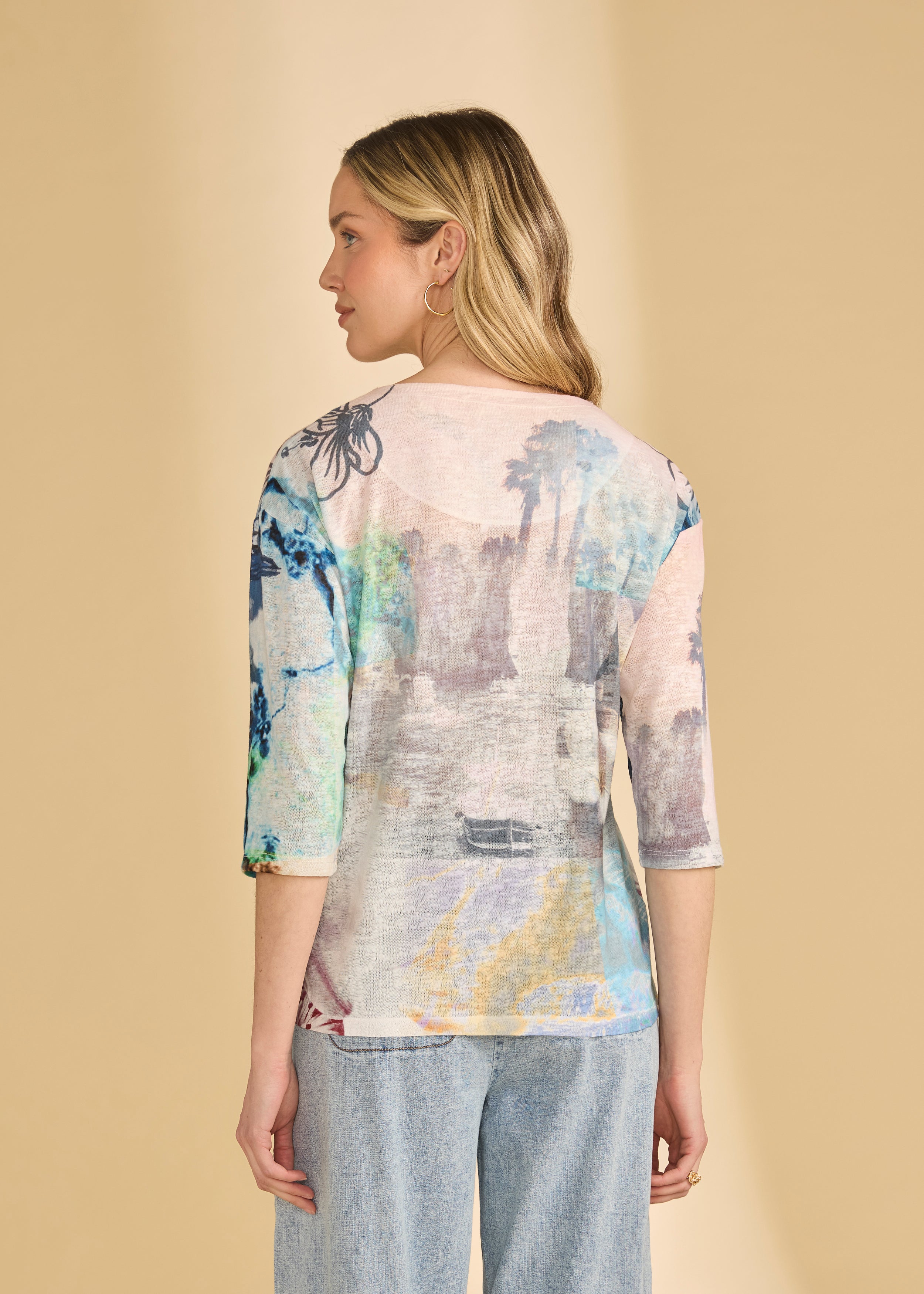 Back view of pastel top highlighting watercolor print and 3/4 sleeves by French Dressing Jeans (FDJ)