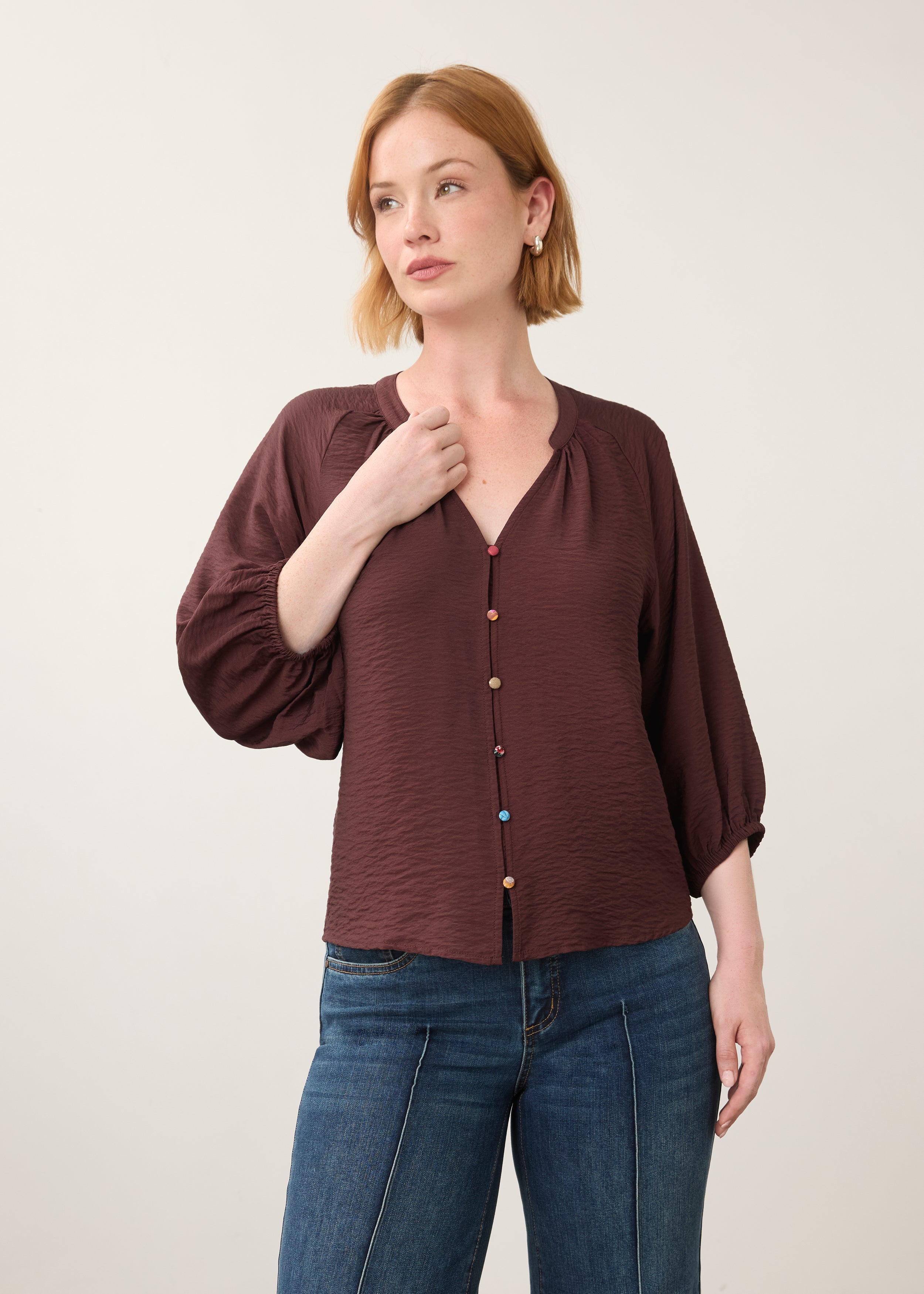 Front view of maroon blouse with colorful buttons and V-neck by French Dressing Jeans (FDJ)
