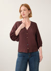 Front view of maroon blouse with colorful buttons and V-neck by French Dressing Jeans (FDJ)
