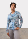 Front view of indigo cowl neck top with floral print and long sleeves by French Dressing Jeans (FDJ)