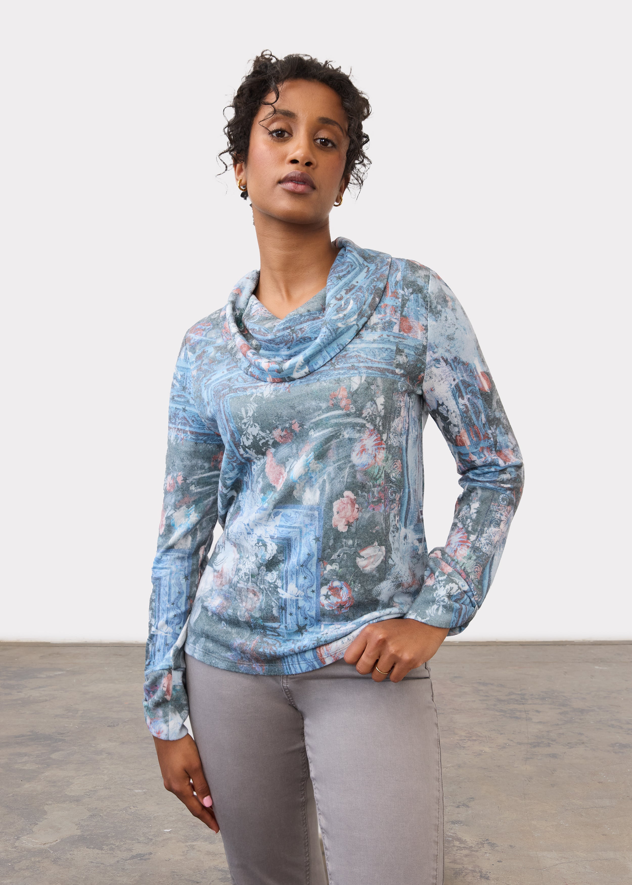 Front view of indigo cowl neck top with floral print and long sleeves by French Dressing Jeans (FDJ)